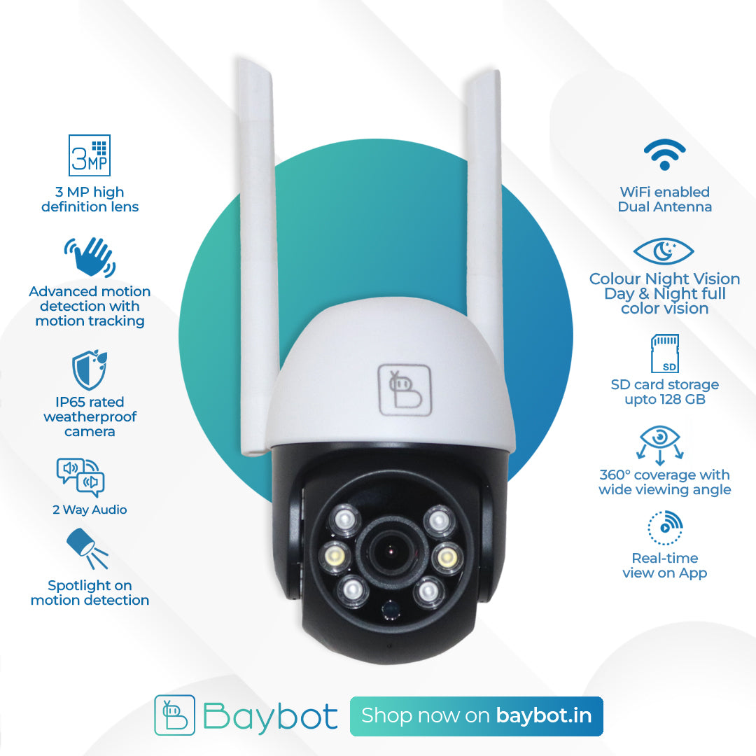 Baybot Live Outdoor - Weatherproof Wifi 360 ⁰ view camera with Colour Night Vision & Motion Activated Spotlight